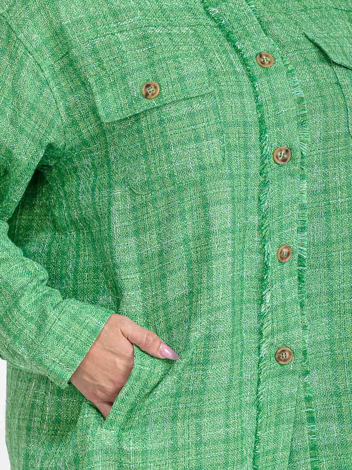PLUS SIZE LONG SLEEVE BUTTON CLOSURE FRONT POCKETS TWEED SHACKET