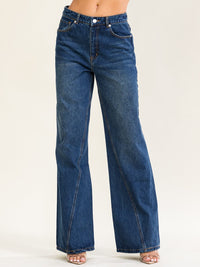 WOMEN'S BUTTON CLOSURE POCKETS WIDE LEG WASHED DENIM PANTS