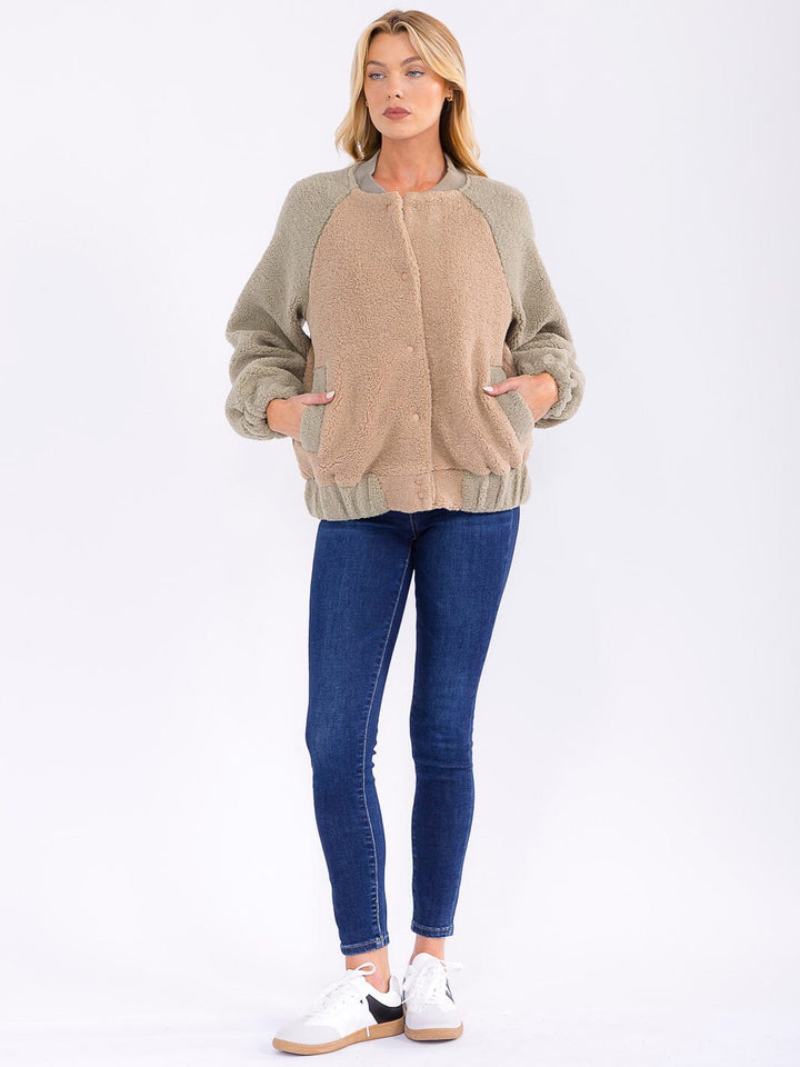 WOMEN'S LONG SLEEVE BUTTON CLOSURE FRONT POCKETS COLORBLOCK JACKET