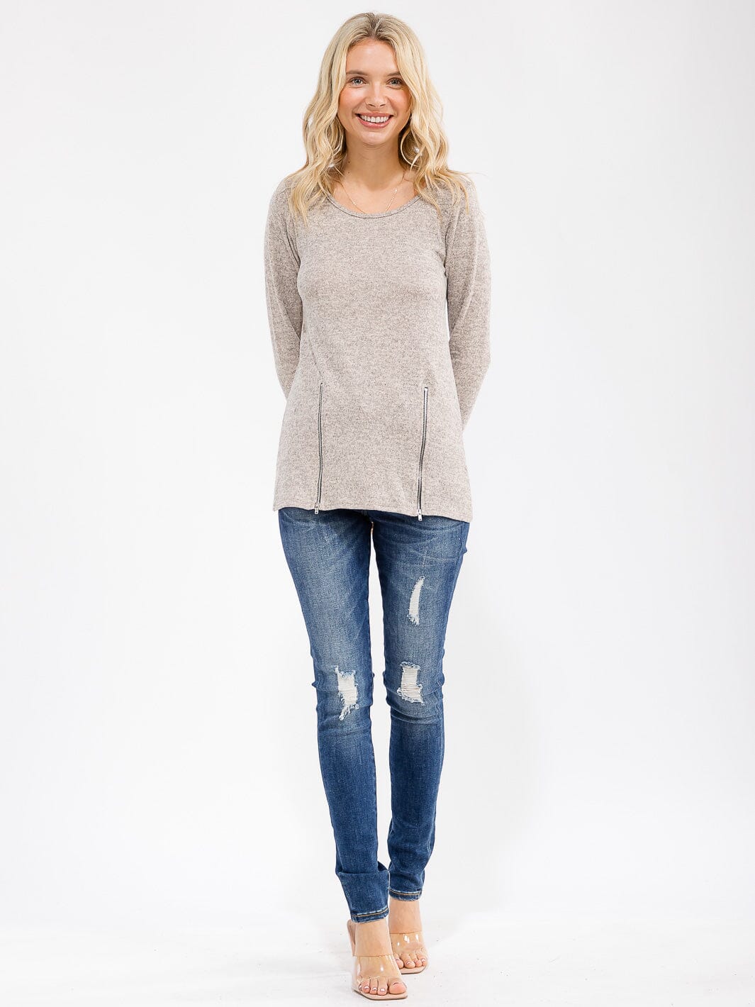 WOMEN'S LONG SLEEVE FRONT ZIPPER DETAILED TOP