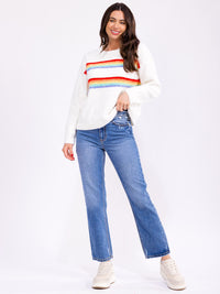 WOMEN'S LONG SLEEVE COLORBLOCK STRIPES KNIT PULLOVER SWEATER