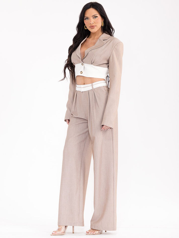 WOMEN'S LONG SLEEVE TOP & BUTTON CLOSURE PANTS COLORBLOCK 2PC. SET