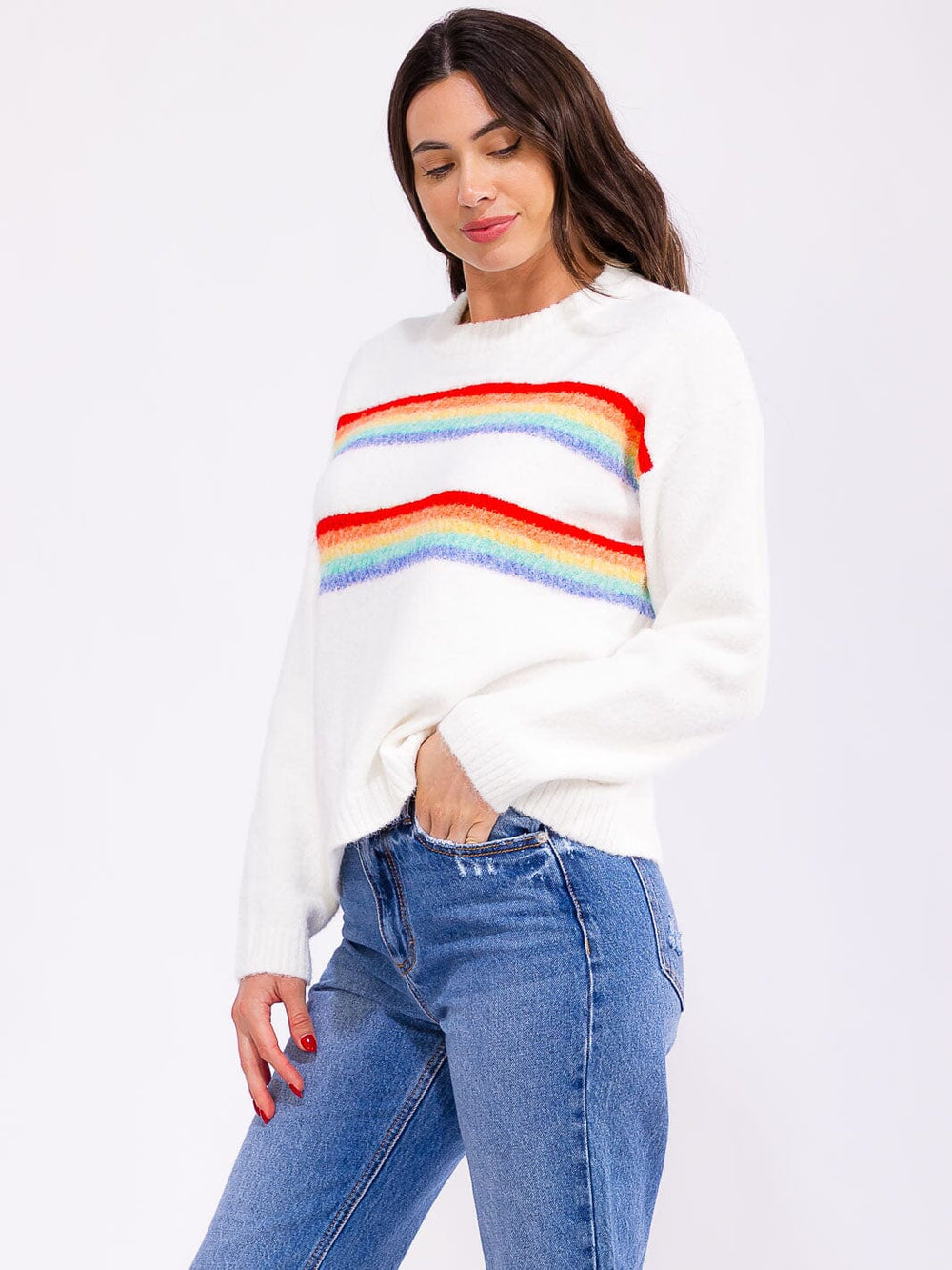WOMEN'S LONG SLEEVE COLORBLOCK STRIPES KNIT PULLOVER SWEATER