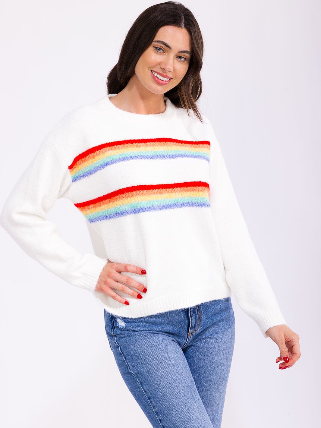 WOMEN'S LONG SLEEVE COLORBLOCK STRIPES KNIT PULLOVER SWEATER
