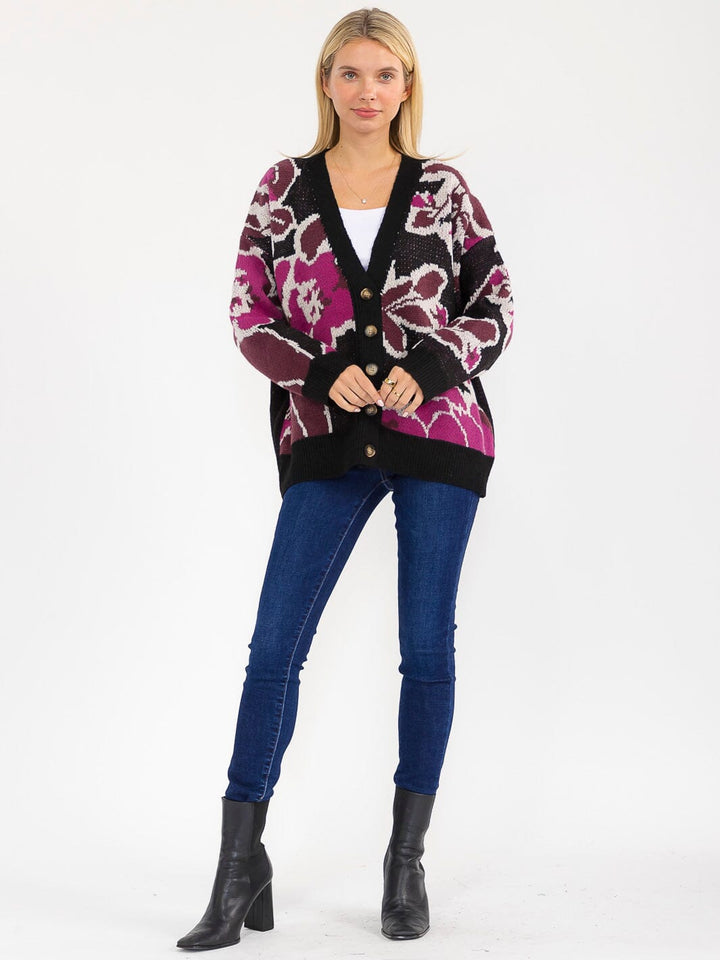 WOMEN'S LONG SLEEVE BUTTON CLOSURE MULTI PRINT CARDIGAN