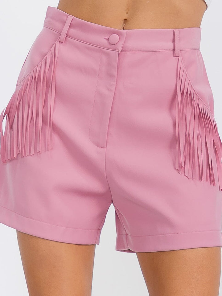 WOMEN'S BUTTON CLOSURE POCKETS FRINGE DETAILED MINI SHORT