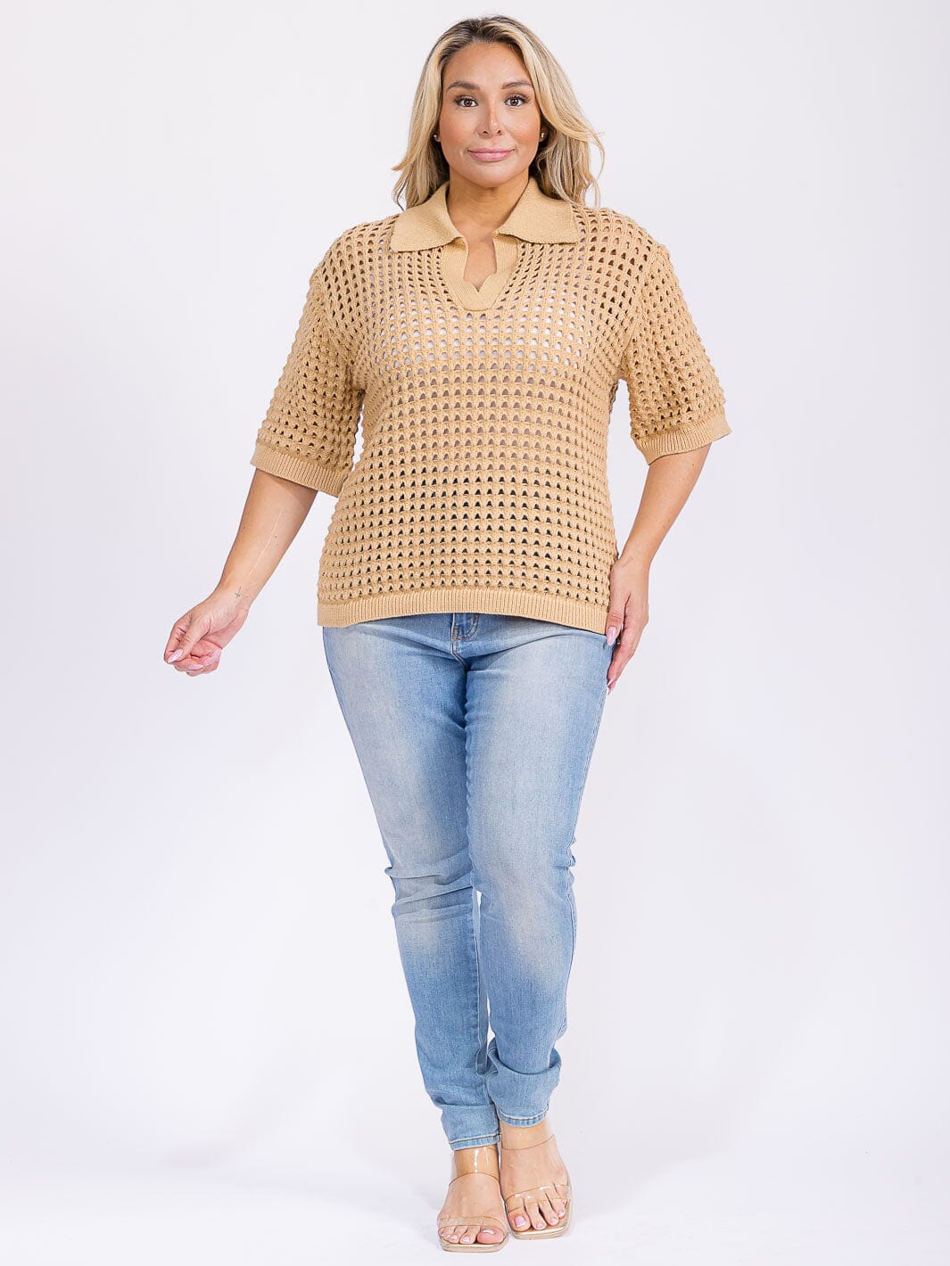 PLUS SIZE SHORT SLEEVE V-NECK KNIT BLOUSE