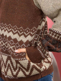 WOMEN'S LONG SLEEVE ZIPPER CLOSURE FRONT POCKETS PRINT SWEATER