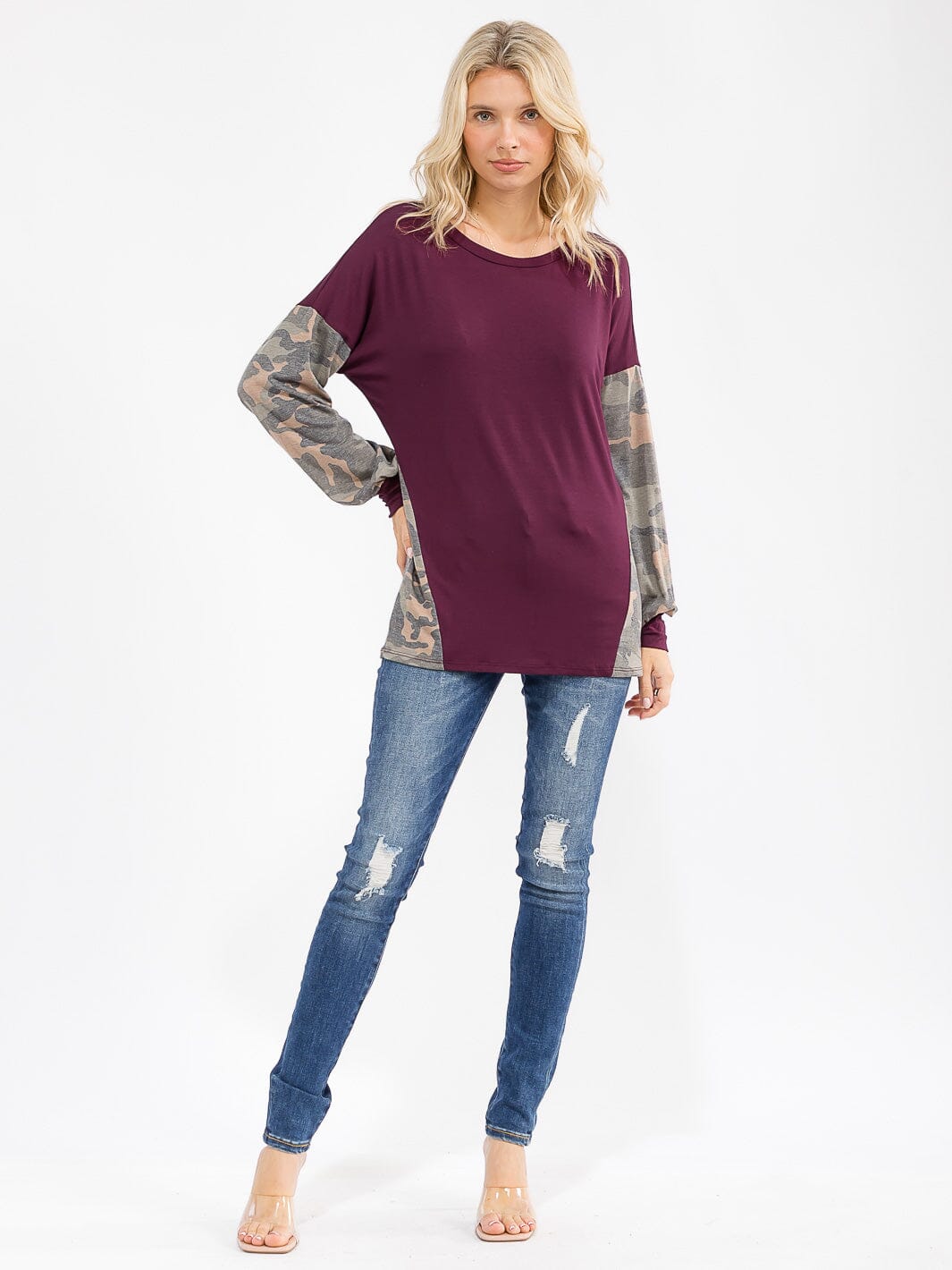 WOMEN'S LONG SLEEVE CAMO PRINT CONTRAST LOOSE FIT TOP