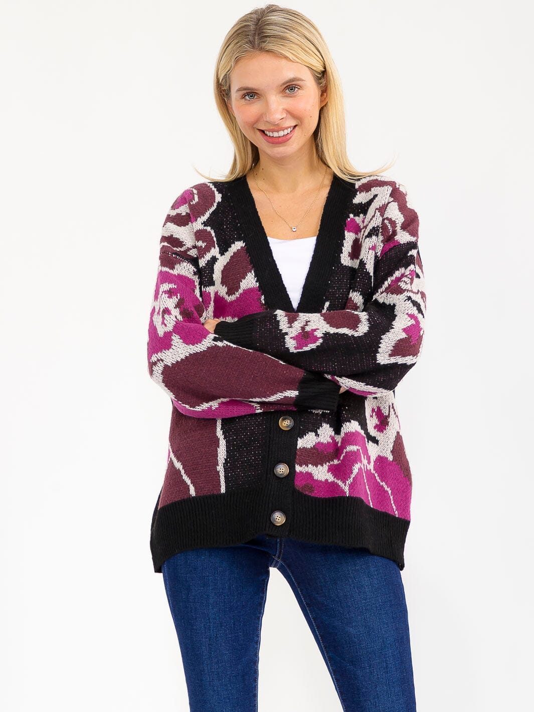 WOMEN'S LONG SLEEVE BUTTON CLOSURE MULTI PRINT CARDIGAN