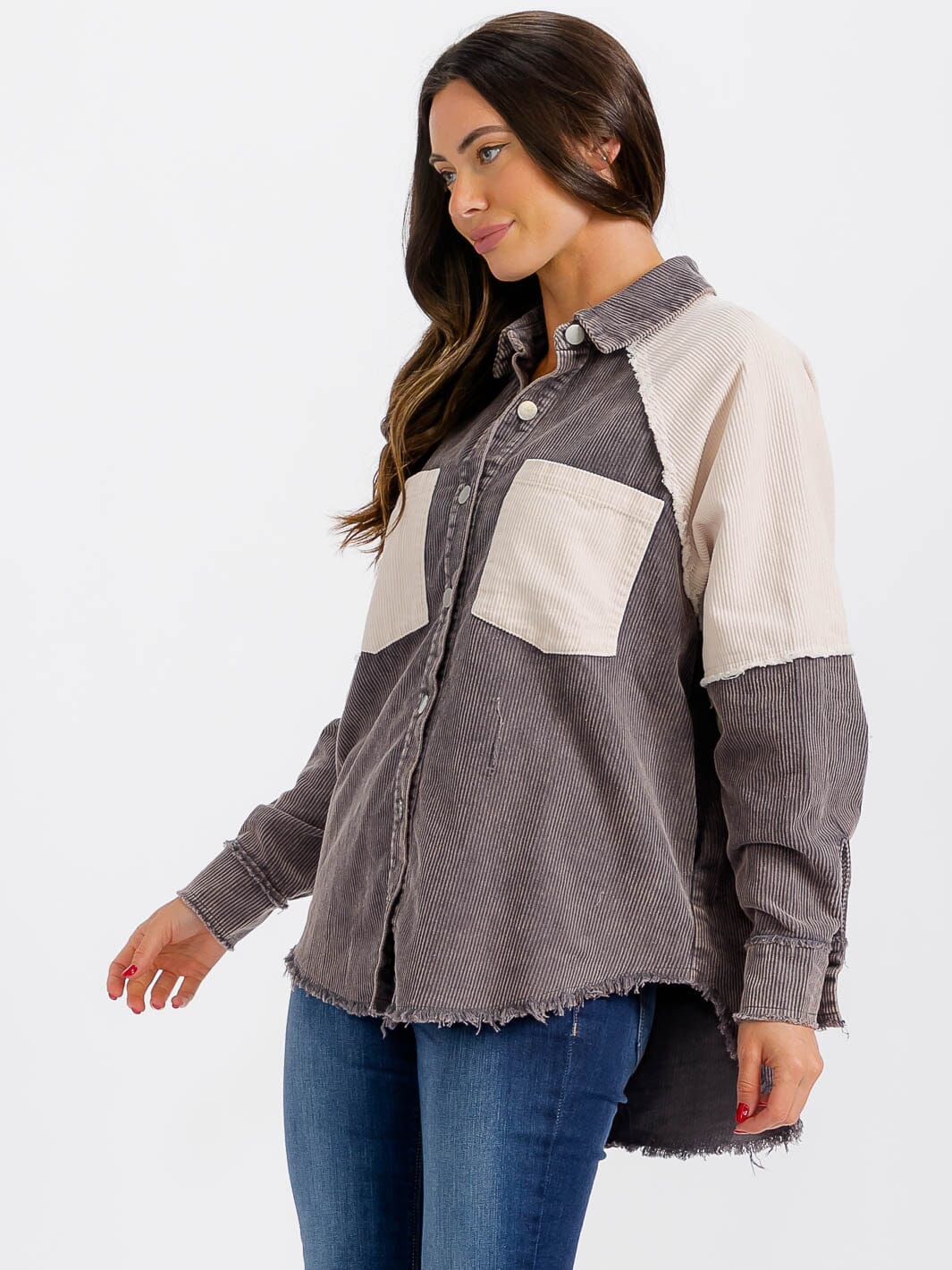 WOMEN'S LONG SLEEVE BUTTON CLOSURE FRONT POCKET HIGH-LOW GRAPHIC CORDUROY JACKET