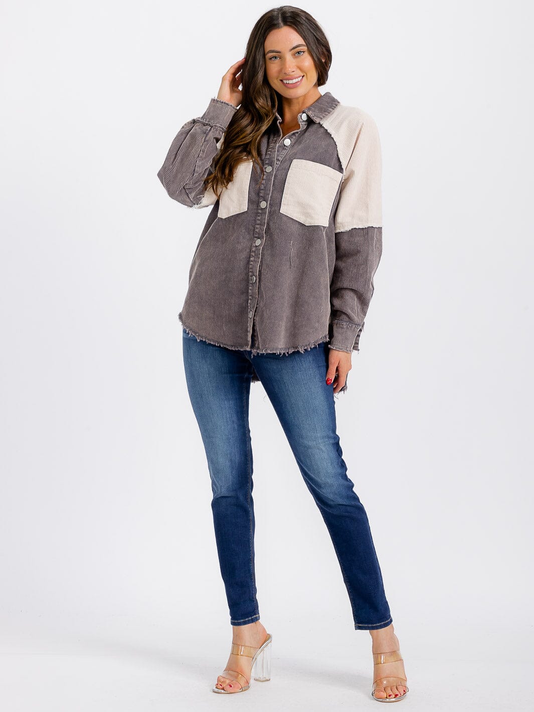 WOMEN'S LONG SLEEVE BUTTON CLOSURE FRONT POCKET HIGH-LOW GRAPHIC CORDUROY JACKET