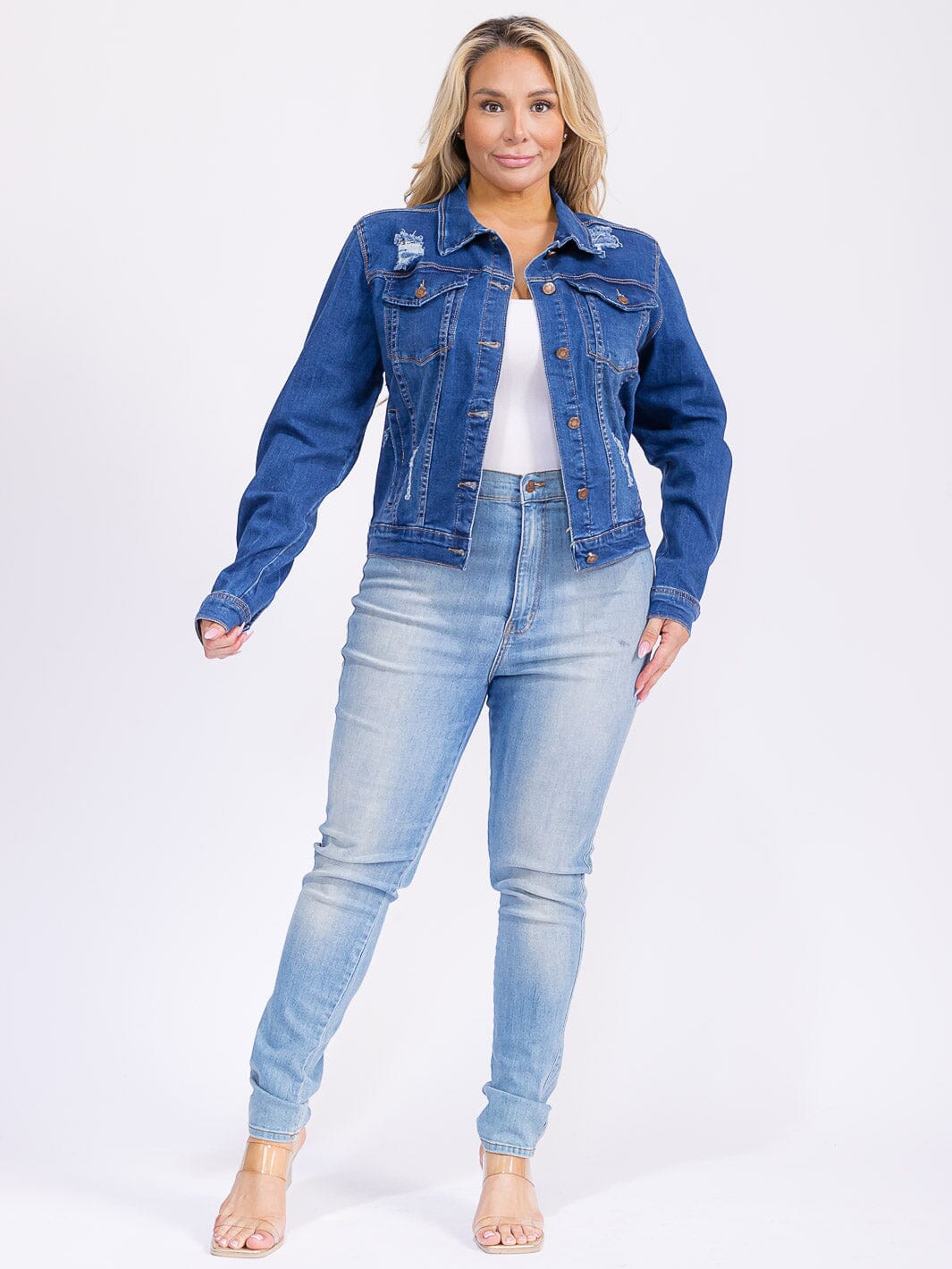 PLUS SIZE LONG SLEEVE BUTTON CLOSURE FRONT POCKETS DISTRESS DENIM JACKET