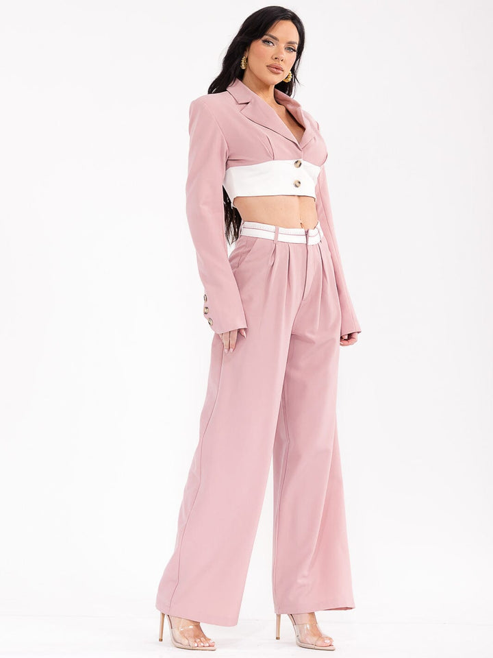 WOMEN'S LONG SLEEVE TOP & BUTTON CLOSURE PANTS COLORBLOCK 2PC. SET