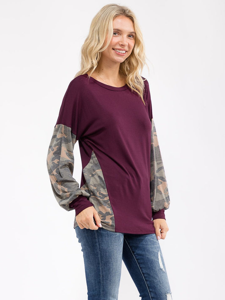 WOMEN'S LONG SLEEVE CAMO PRINT CONTRAST LOOSE FIT TOP