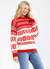 WOMEN'S LONG SLEEVE MULTI PRINT COLORBLOCK PULLOVER SWEATER