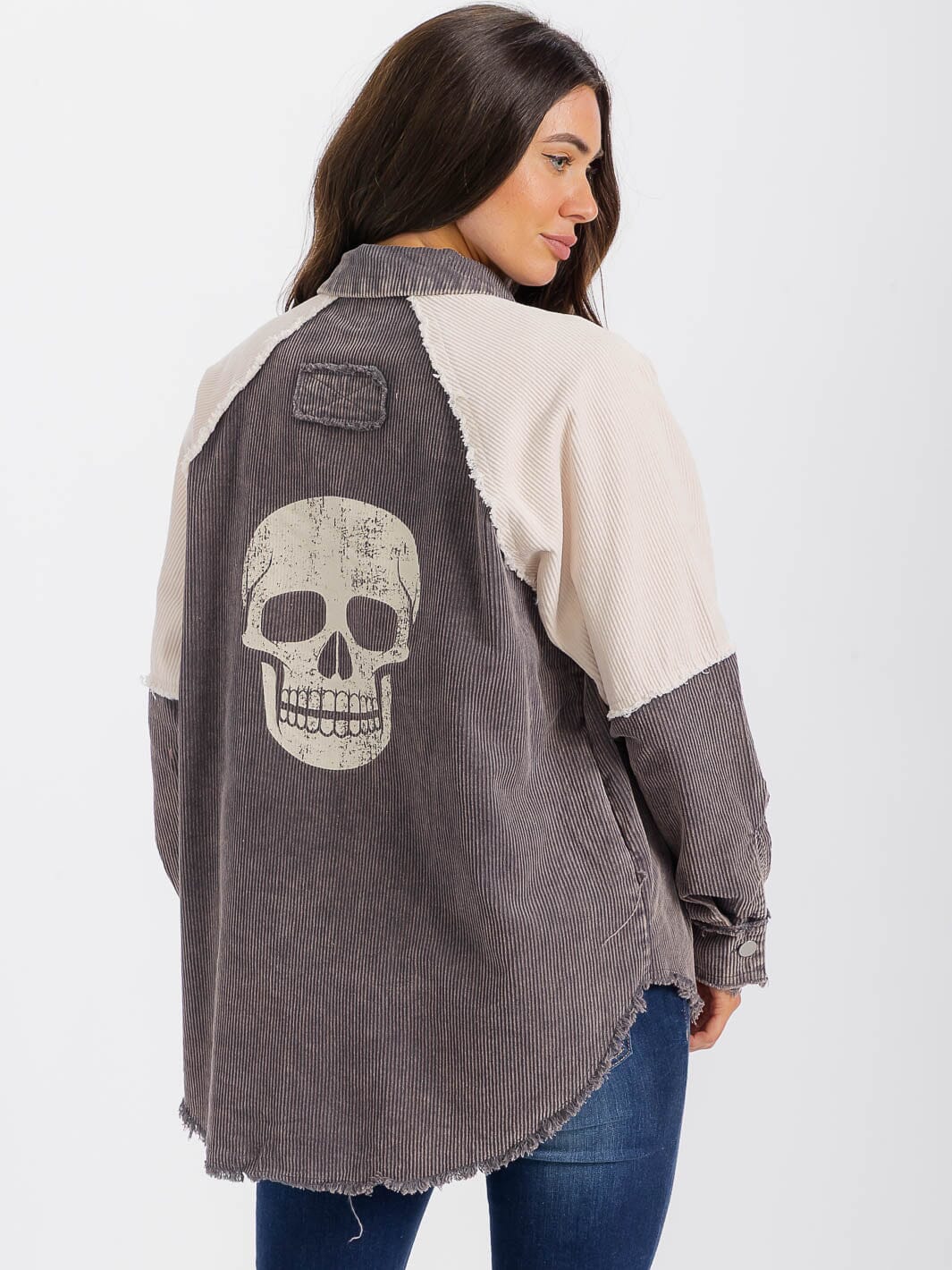 WOMEN'S LONG SLEEVE BUTTON CLOSURE FRONT POCKET HIGH-LOW GRAPHIC CORDUROY JACKET