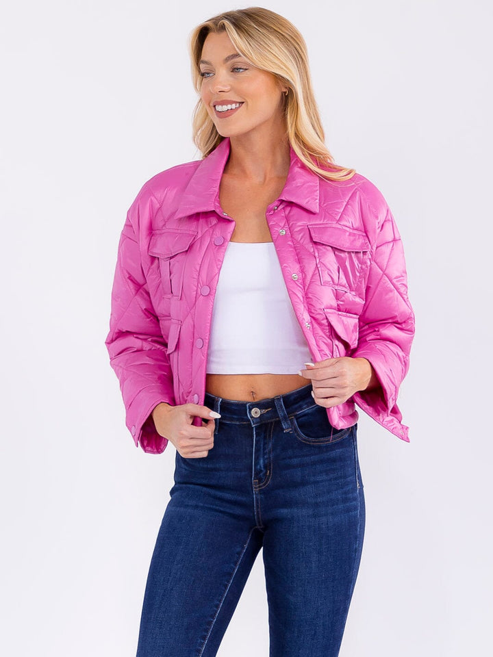 WOMEN'S LONG SLEEVE BUTTON CLOSURE FRONT POCKETS PUFFER JACKET