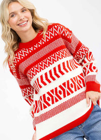 WOMEN'S LONG SLEEVE MULTI PRINT COLORBLOCK PULLOVER SWEATER