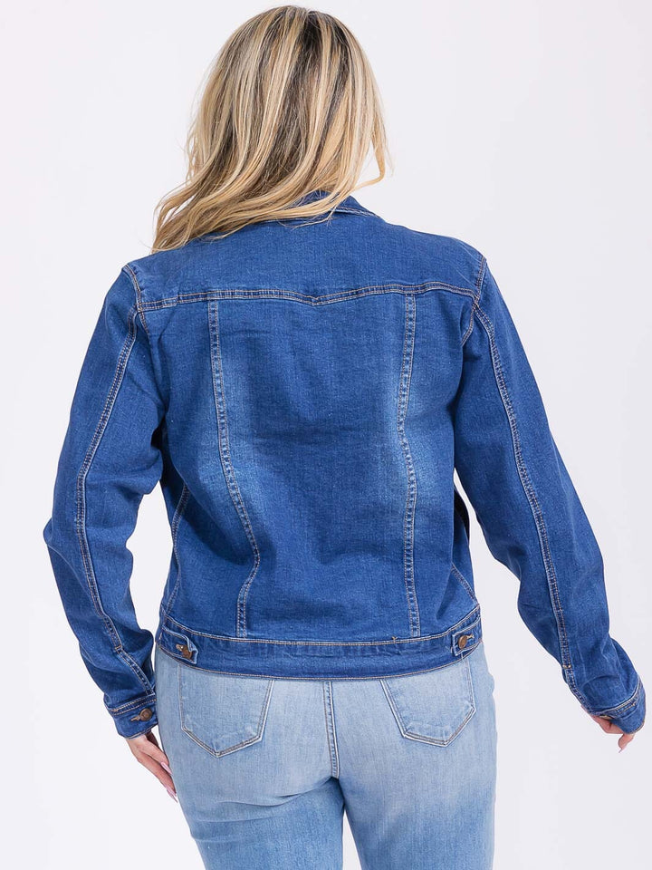 PLUS SIZE LONG SLEEVE BUTTON CLOSURE FRONT POCKETS DISTRESS DENIM JACKET
