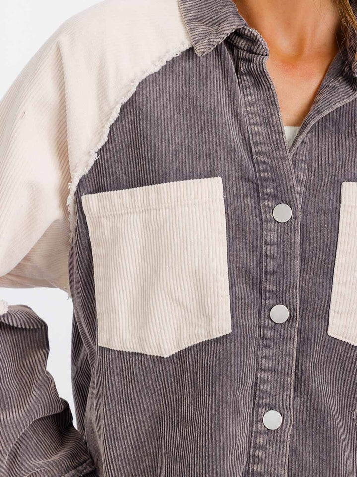 WOMEN'S LONG SLEEVE BUTTON CLOSURE FRONT POCKET HIGH-LOW GRAPHIC CORDUROY JACKET