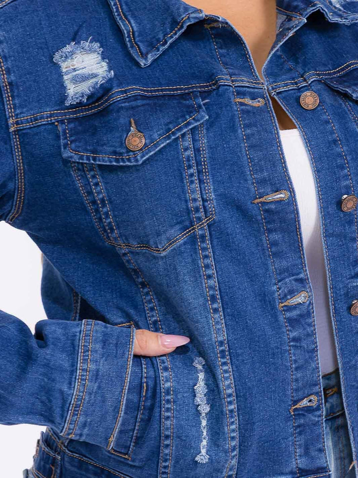 PLUS SIZE LONG SLEEVE BUTTON CLOSURE FRONT POCKETS DISTRESS DENIM JACKET