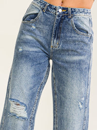 WOMEN'S BUTTON CLOSURE POCKETS DISTRESS WASHED DENIM PANTS