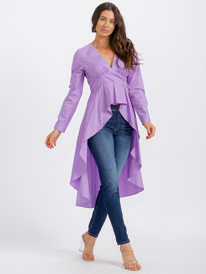 WOMEN'S LONG SLEEVE V-NECK LOW-HIGH RUFFLE TOP