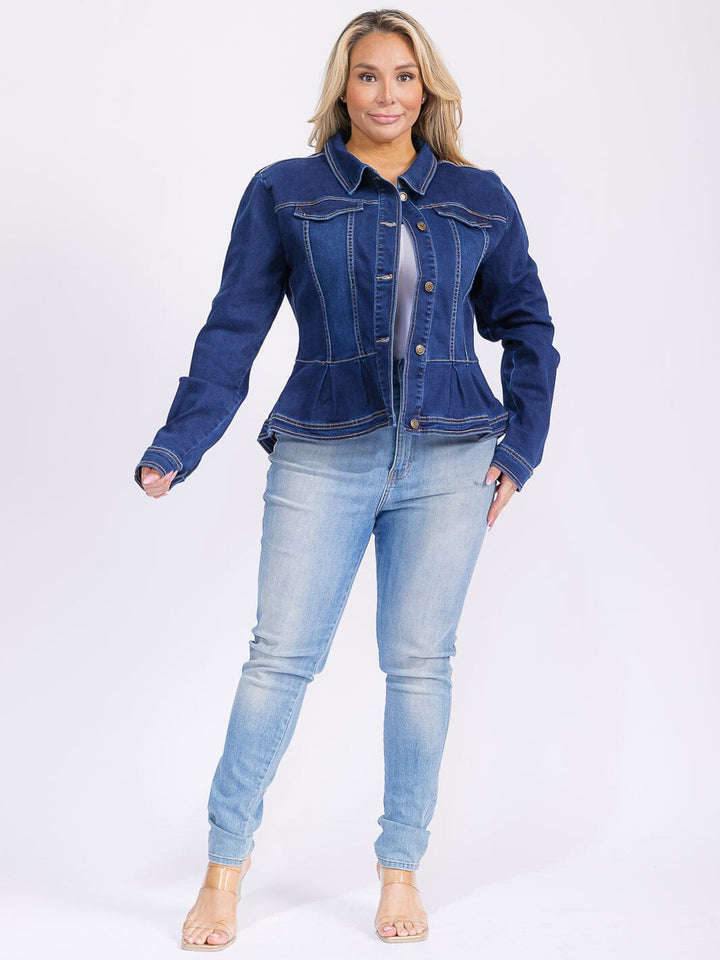 PLUS SIZE LONG SLEEVE BUTTON CLOSURE RUFFLE BOTTOM HEM POCKETS DENIM JACKET