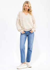WOMEN'S LONG SLEEVE V-NECK DETAILED PULLOVER SWEATER