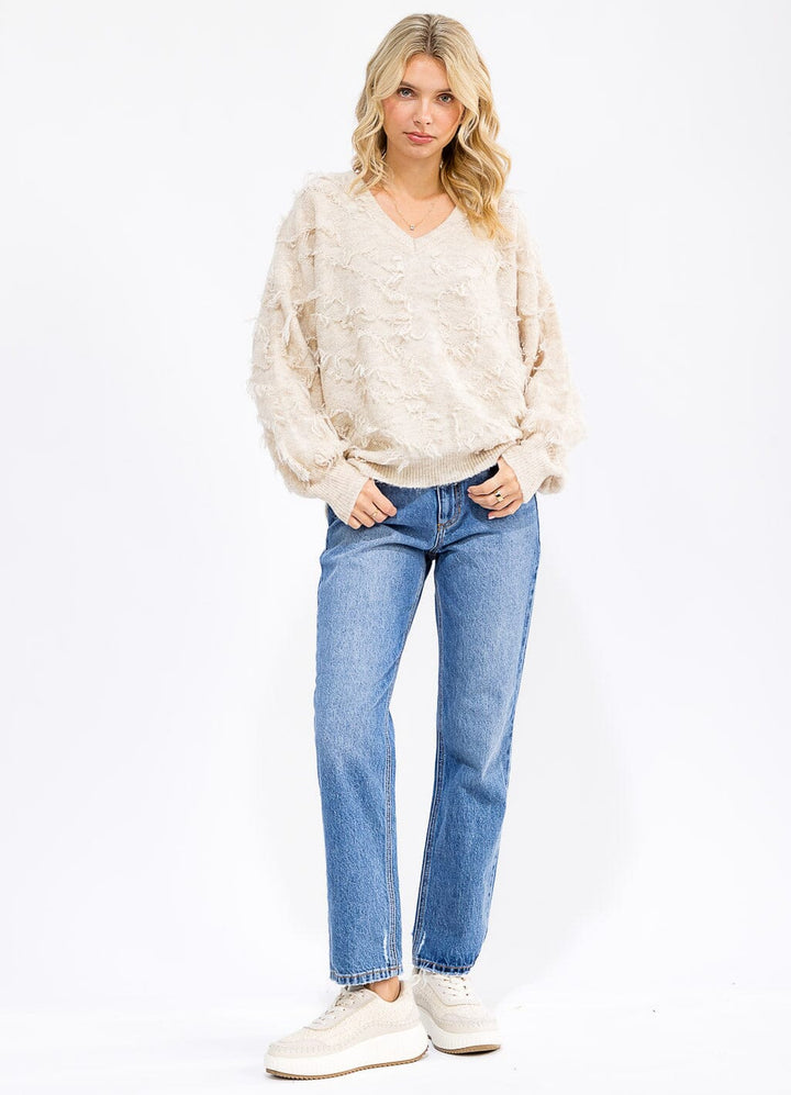 WOMEN'S LONG SLEEVE V-NECK DETAILED PULLOVER SWEATER