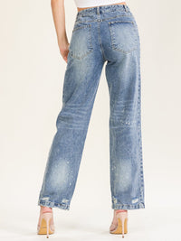 WOMEN'S BUTTON CLOSURE POCKETS DISTRESS WASHED DENIM PANTS