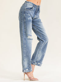 WOMEN'S BUTTON CLOSURE POCKETS DISTRESS WASHED DENIM PANTS