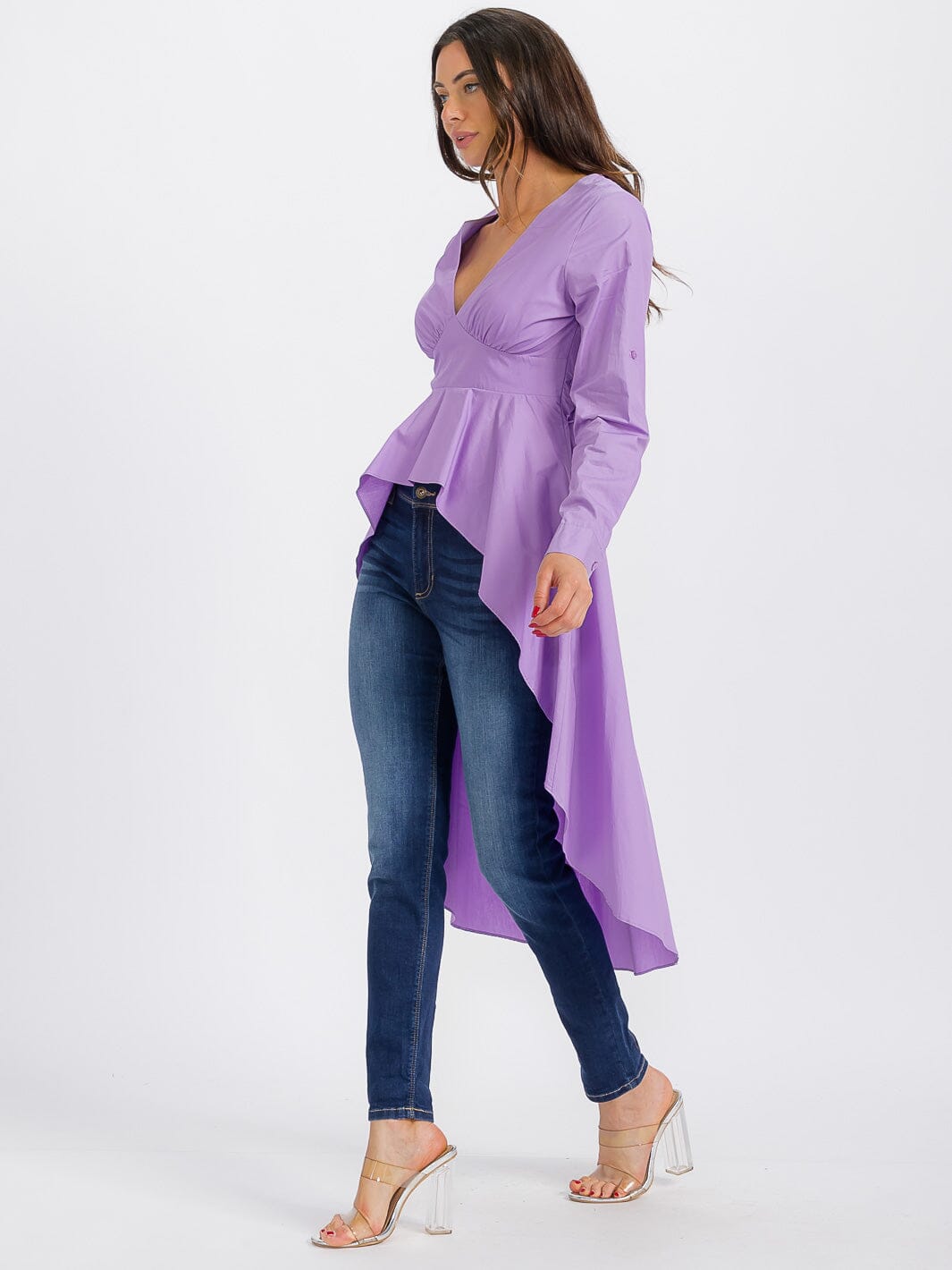 WOMEN'S LONG SLEEVE V-NECK LOW-HIGH RUFFLE TOP