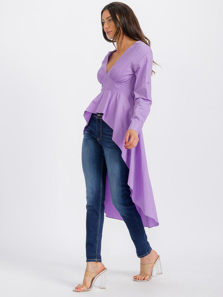 WOMEN'S LONG SLEEVE V-NECK LOW-HIGH RUFFLE TOP