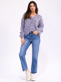 WOMEN'S LONG SLEEVE BUTTON UP V-NECK MULTI SWEATER