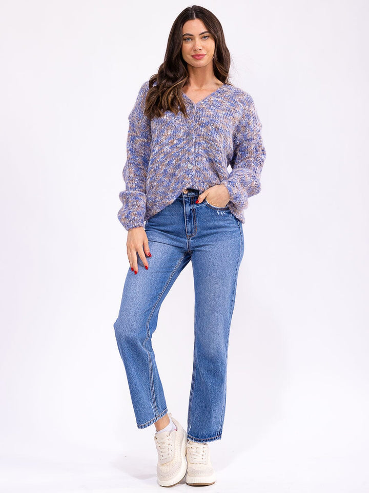 WOMEN'S LONG SLEEVE BUTTON UP V-NECK MULTI SWEATER