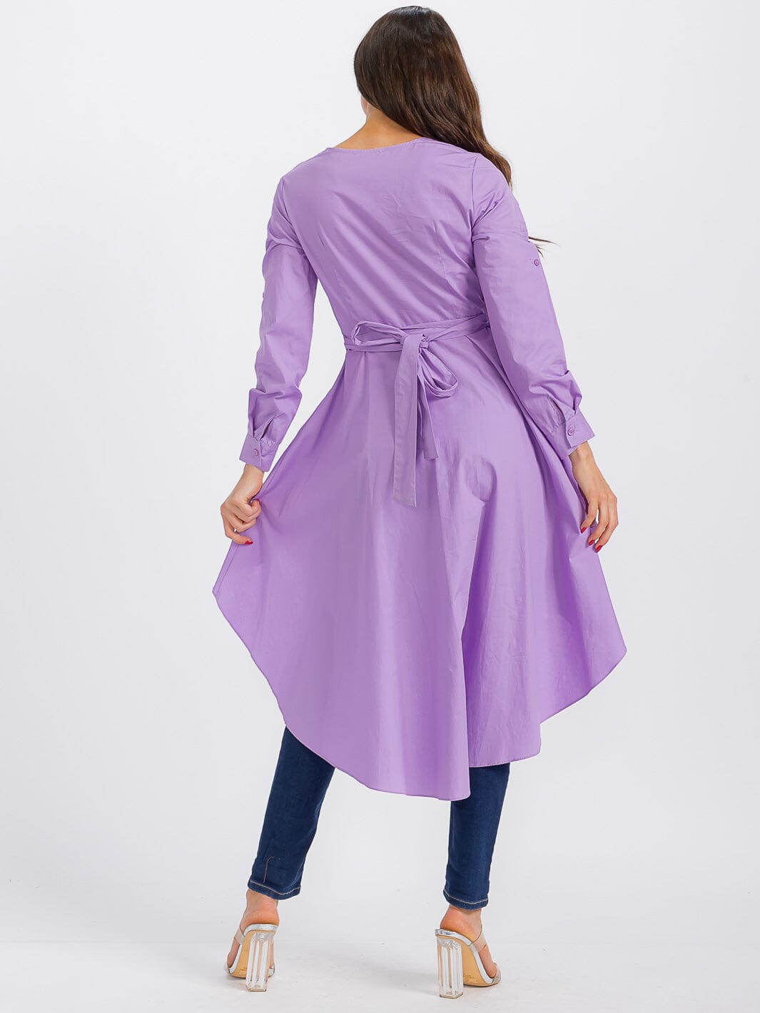 WOMEN'S LONG SLEEVE V-NECK LOW-HIGH RUFFLE TOP