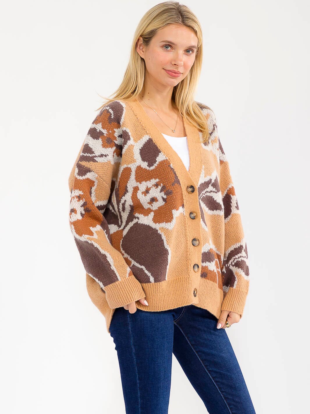 WOMEN'S LONG SLEEVE BUTTON CLOSURE MULTI PRINT CARDIGAN