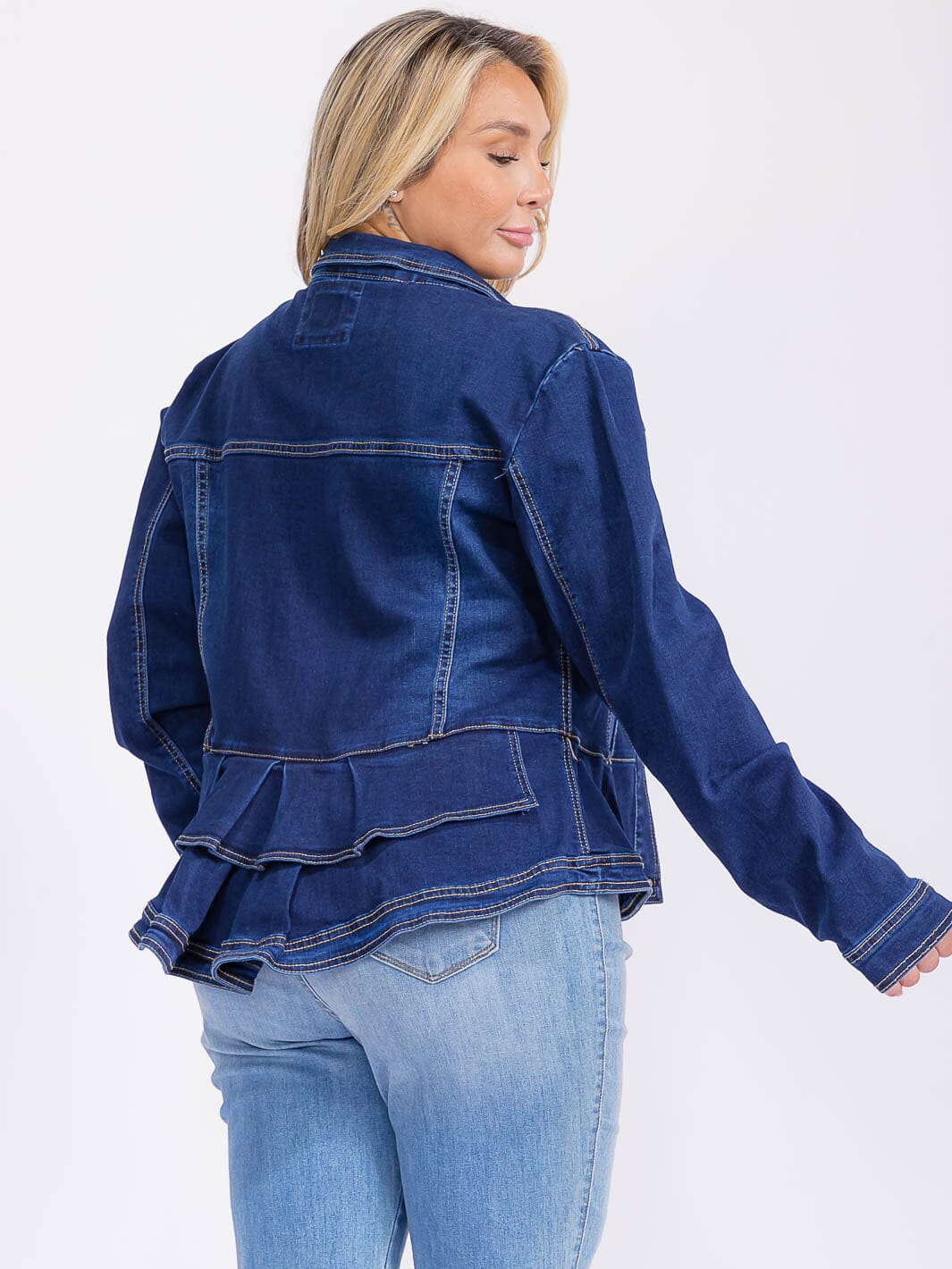 PLUS SIZE LONG SLEEVE BUTTON CLOSURE RUFFLE BOTTOM HEM POCKETS DENIM JACKET