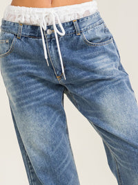 WOMEN'S BUTTON CLOSURE POCKETS WIDE LEG WASHED LACE DENIM PANTS