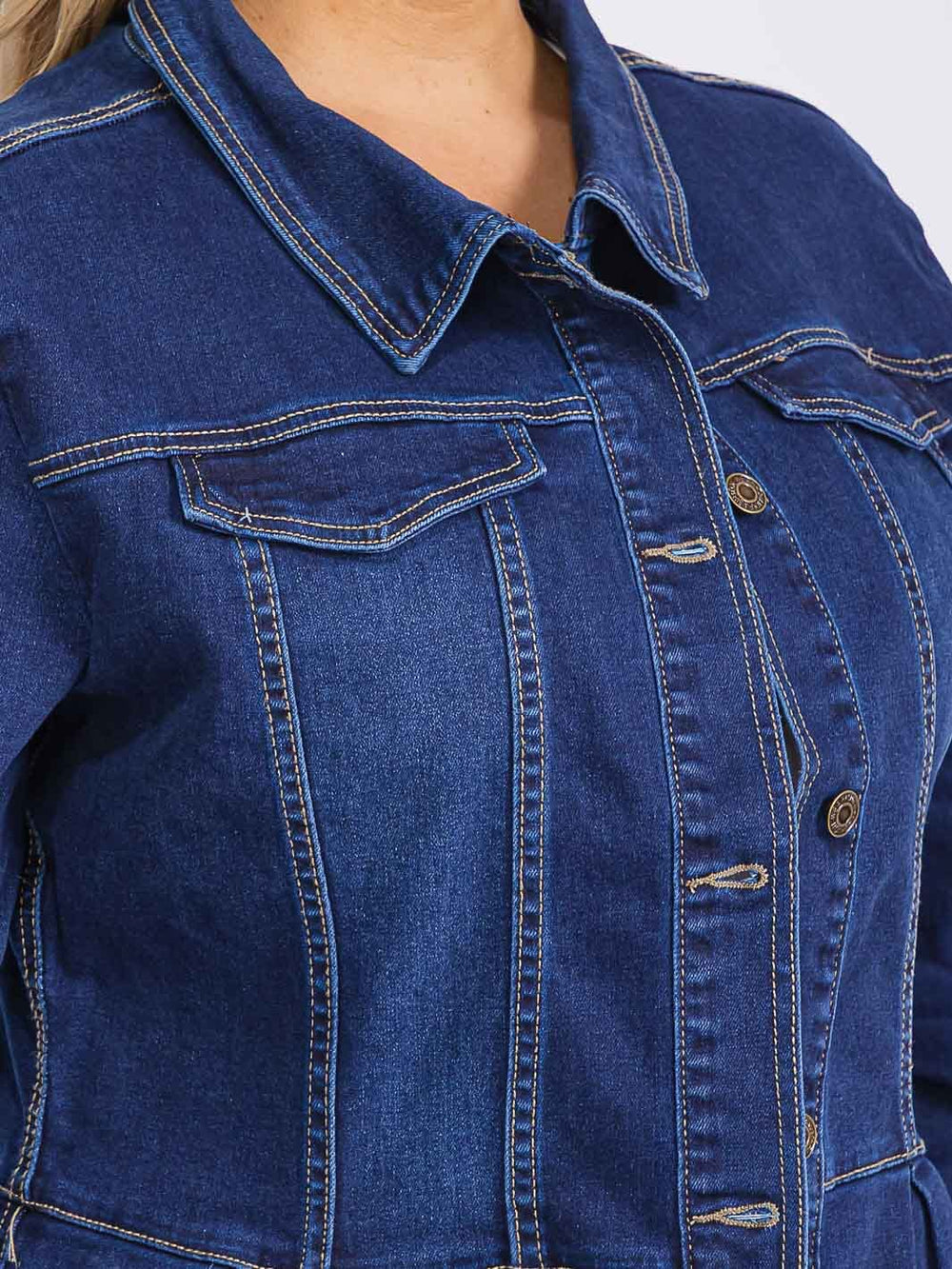PLUS SIZE LONG SLEEVE BUTTON CLOSURE RUFFLE BOTTOM HEM POCKETS DENIM JACKET