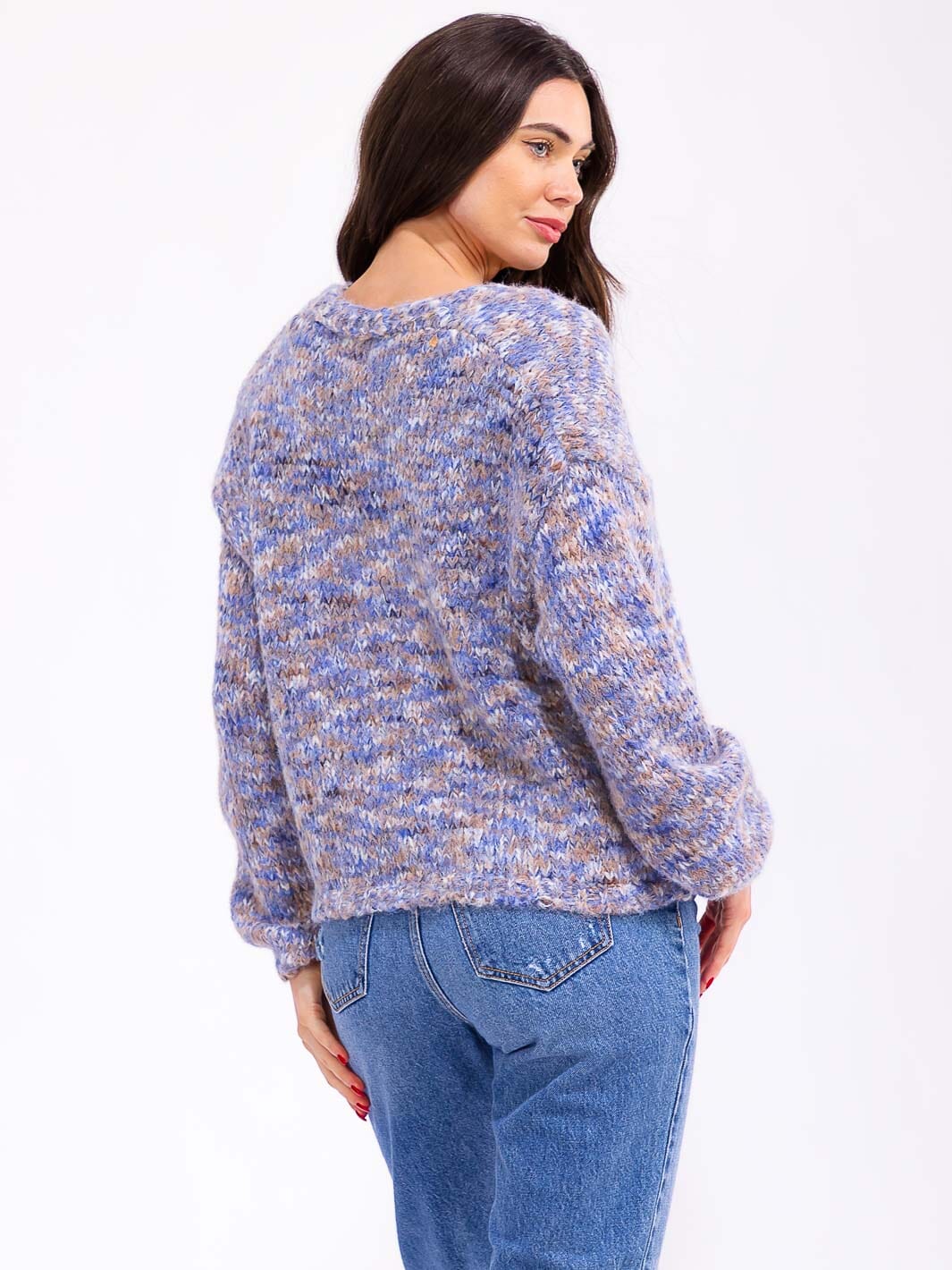 WOMEN'S LONG SLEEVE BUTTON UP V-NECK MULTI SWEATER
