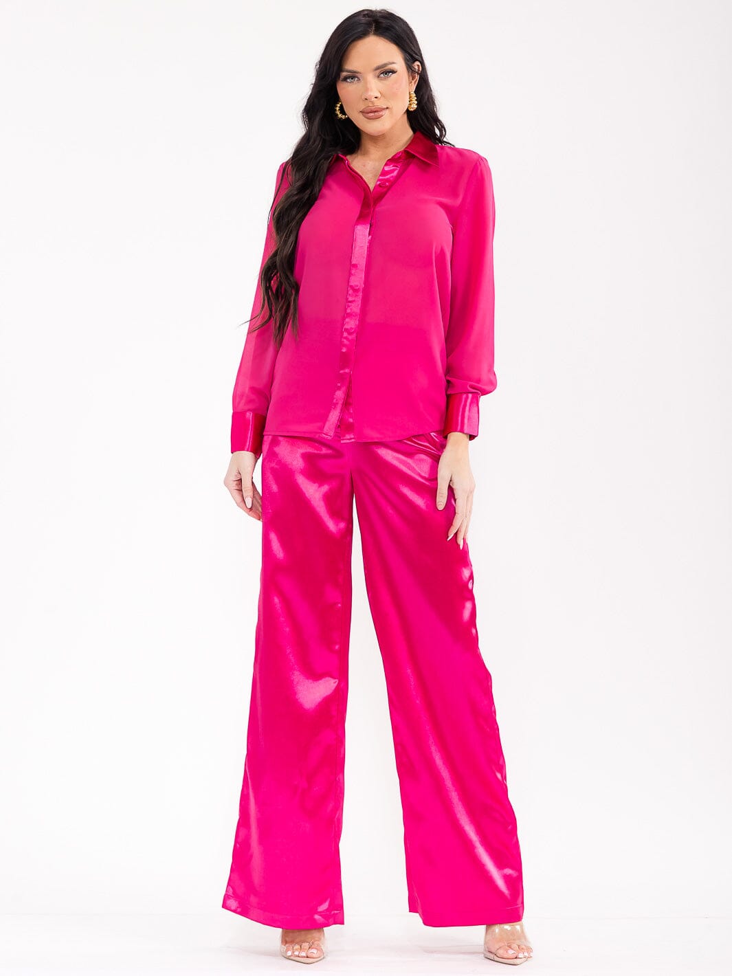 WOMEN'S LONG SLEEVE BLOUSE & ELASTIC WAIST PANTS SATIN 2PC. SET