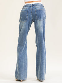 WOMEN'S BUTTON CLOSURE POCKETS WIDE LEG WASHED LACE DENIM PANTS