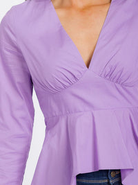 WOMEN'S LONG SLEEVE V-NECK LOW-HIGH RUFFLE TOP