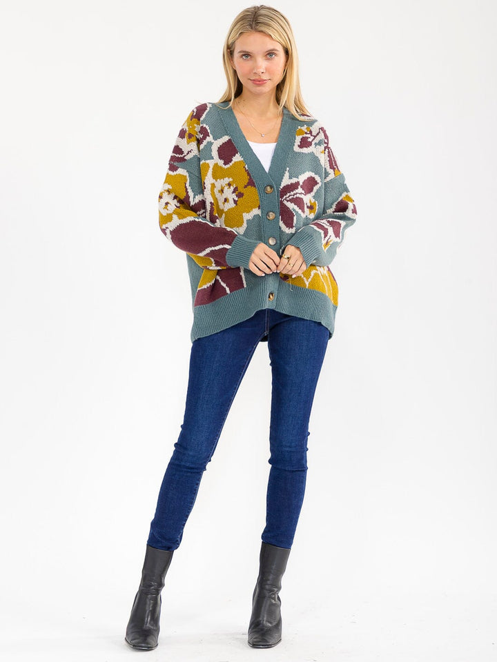 WOMEN'S LONG SLEEVE BUTTON CLOSURE MULTI PRINT CARDIGAN