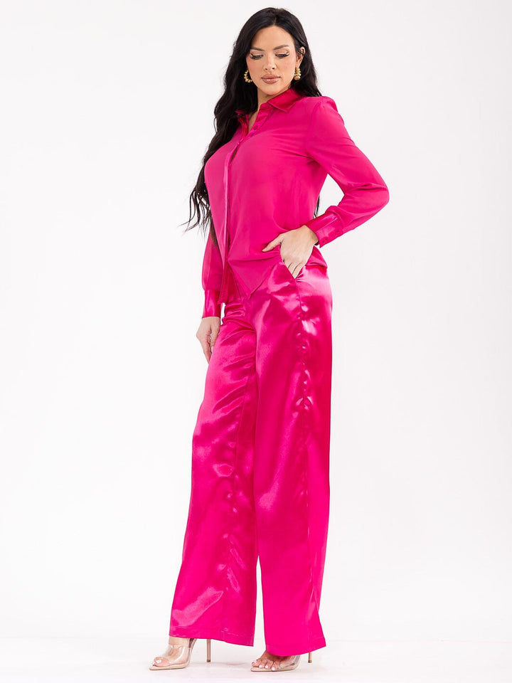 WOMEN'S LONG SLEEVE BLOUSE & ELASTIC WAIST PANTS SATIN 2PC. SET