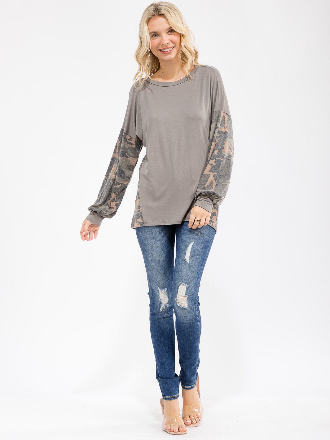 WOMEN'S LONG SLEEVE CAMO PRINT CONTRAST LOOSE FIT TOP