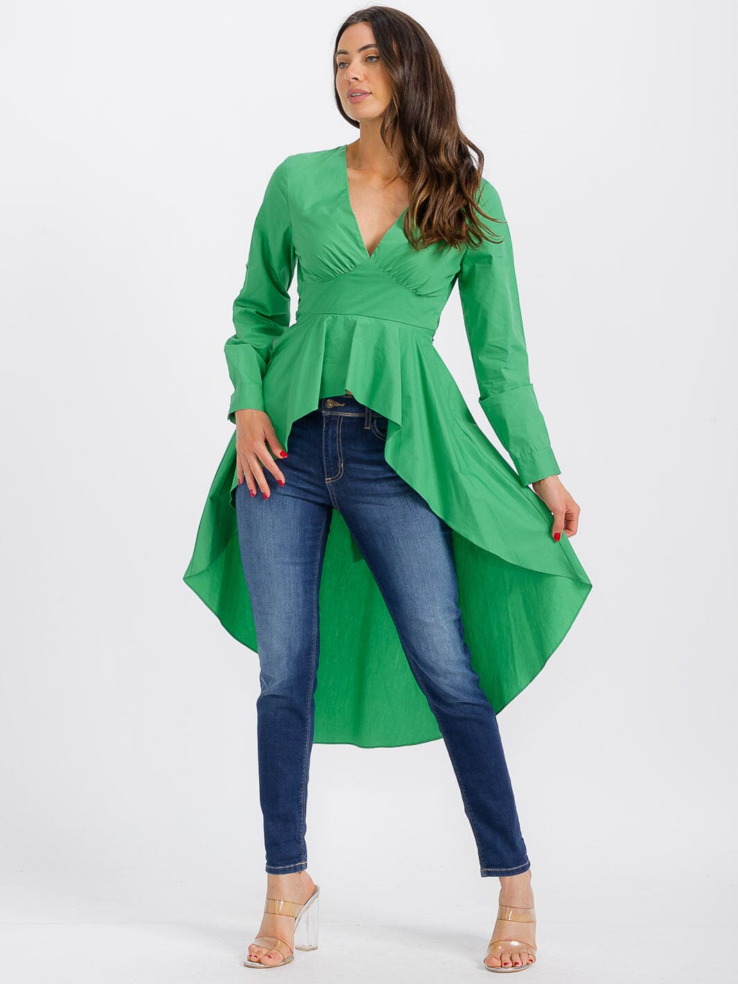 WOMEN'S LONG SLEEVE V-NECK LOW-HIGH RUFFLE TOP